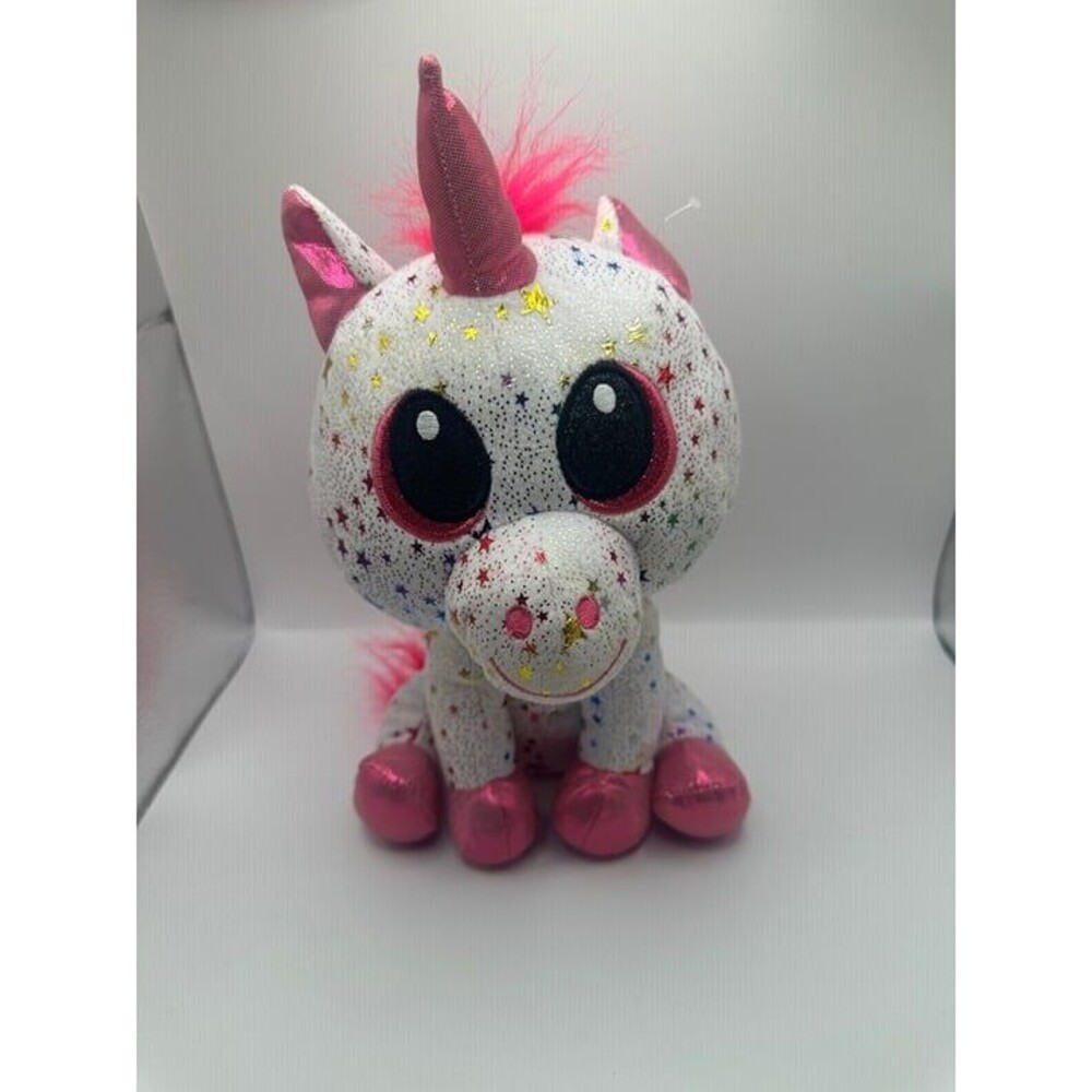 Six Flags Sparkly Unicorn Plush Toy  White with Pink Mane and Star Print Design